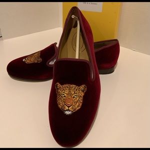 Journey West burgundy red embroidered velvet loafers